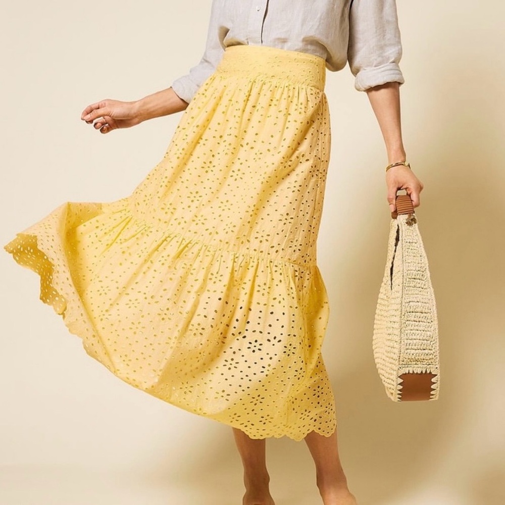 Talbots NWT $149 Eyelet Tiered Midi Skirt Yellow Floral 100% Cotton Sz S Cottage
